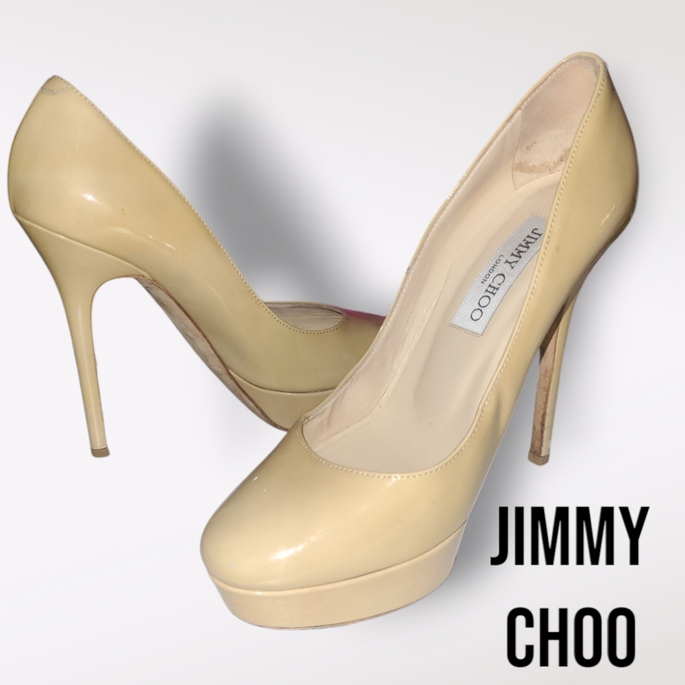 JIMMY CHOO Beige Nude COSMIC Patent Leather Platform High Heel Shoes